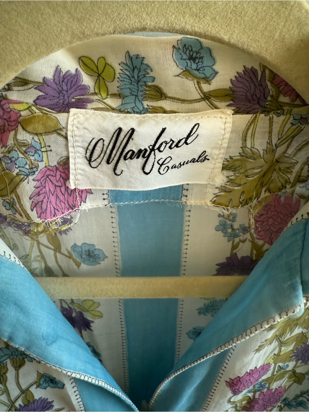 Vintage Blue and Cream Floral-Stripe Dress - Picture 5 of 7